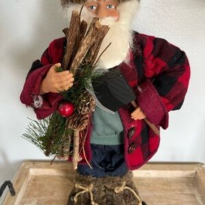 Plaid Santa Figurine with Axe and Pine Decor
